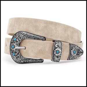 Western Cowgirl Belt Vintage Buckle Boho Style Suede Leather for Jeans